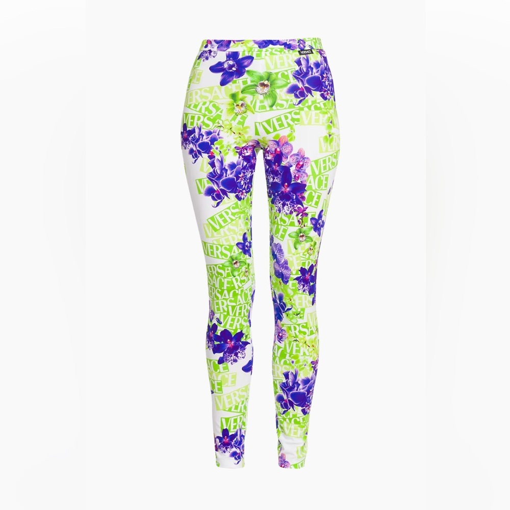 VERSACE Orchid Leggings in Bianco & Verde 38 Womens Logo Pants